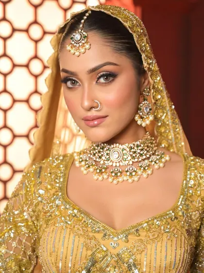 A stunning portrait of a bride in gold. The makeup features a soft smokey eye and a neutral lip, allowing the magnificent golden lehenga to shine.
