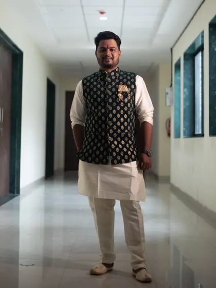 A handsome portrait of the groom, Rohan, looking dapper in his traditional attire for the engagement ceremony.