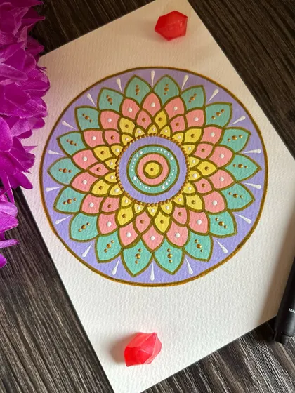 Doing more of what brings me joy. This piece uses a lovely pastel palette of lavender, pink, yellow, and mint, with a gold border for a finishing touch.