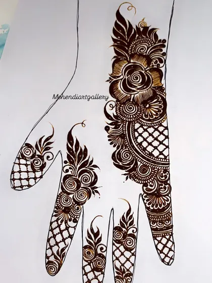 This is a complete bridal mehendi design layout practiced on paper. My advanced students learn how to plan and execute such full-coverage patterns, combining floral motifs, intricate netting (jaali), and finger details into a stunning, cohesive piece.