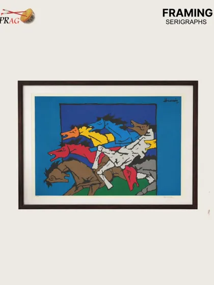 This dynamic horse serigraph by M.F. Husain is protected by a frame that ensures the paper and inks remain pristine over time.