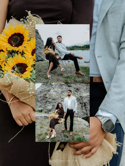 A creative collage focusing on details, from the sunflower bouquet to the couple's poses, telling a richer story of their day.