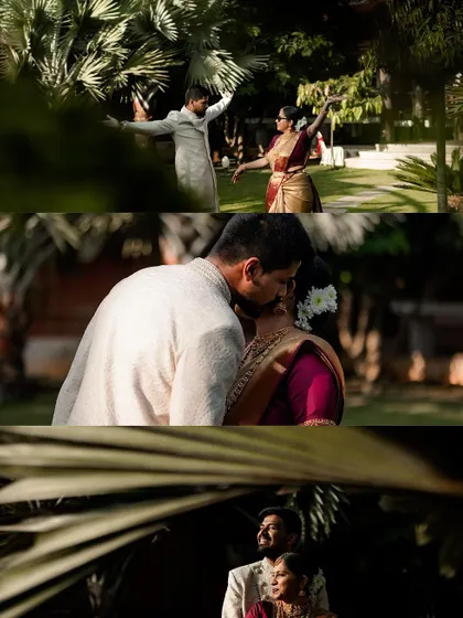 A collage of intimate moments from a couple's shoot, from dancing in the garden to a gentle kiss. We use creative framing to add a sense of privacy and artistry.
