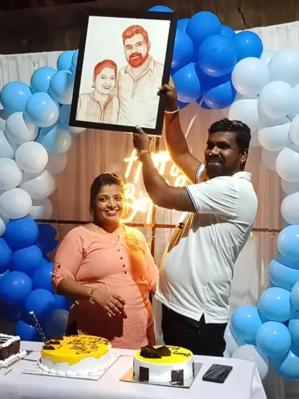 A client celebrating a birthday by gifting a custom blood portrait. These paintings make for unforgettable surprise gifts.