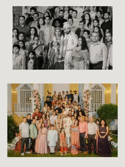 A classic group photograph with all the family and friends at the Goa destination wedding, a cherished memory for the couple.
