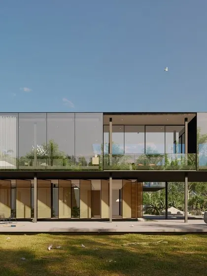 This minimalist farmhouse is designed as a simple steel structure, engineered to be a kit-of-parts. The entire building hovers over the site, allowing the landscape to flow uninterrupted beneath it and preserving the natural ground plane.