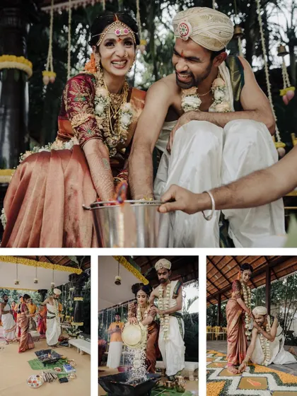 This collage provides a wonderful overview of a South Indian wedding ceremony. It captures the couple's joyful interactions during different rituals, showcasing the traditions and their happiness.
