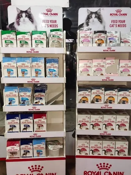 We carry a full line of Royal Canin products. These displays showcase the variety of formulas available for different cat breeds and health requirements.