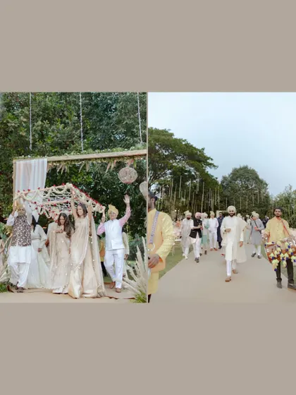 A diptych showing the bride's entrance and the groom's procession (baraat). It captures the energy and tradition leading up to the main wedding ceremony.
