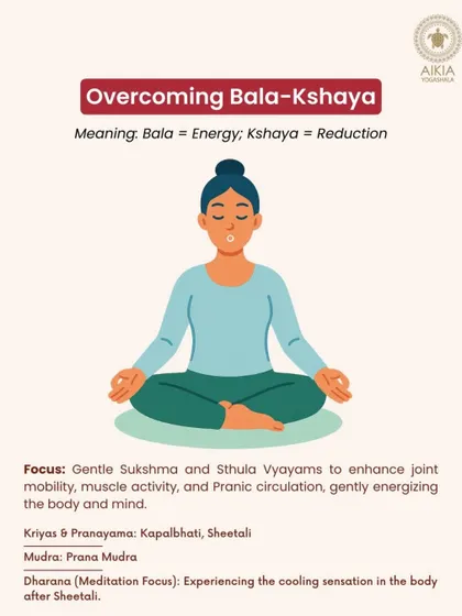 Overcome Bala-Kshaya (energy reduction) with gentle Sukshma Vyayam (subtle exercises) and cooling pranayama to gently energize the body.