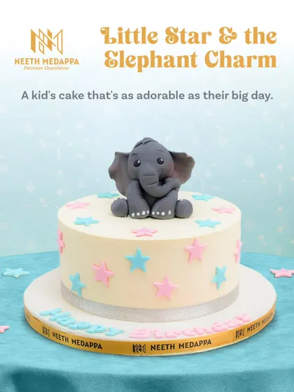 Little star and the elephant charm. This cake features an adorable baby elephant sitting among pastel-colored stars.