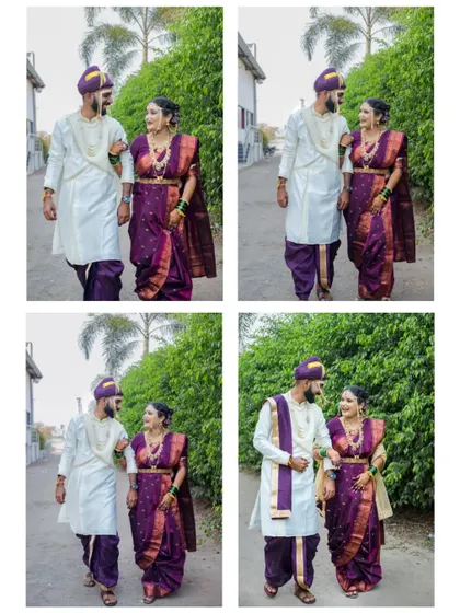 A collage of the couple taking a walk after their wedding, capturing their relaxed and happy interactions.