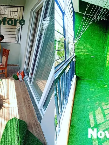 This utility balcony was transformed from a plain wooden floor to a fully green space. The 'before' shows the empty area, and the 'now' shows wall-to-wall artificial grass installation, making it clean and visually appealing.