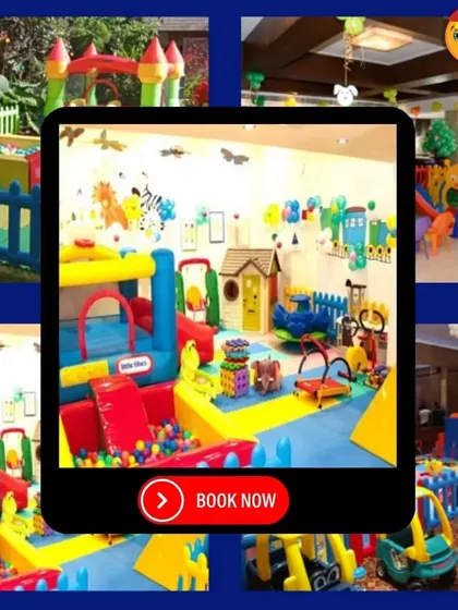 A collage of various playzones available for rent. The central image shows a beautifully decorated indoor setup with animal-themed wall stickers, a Little Tikes bouncy castle, and a ball pit.