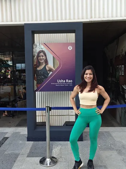 Standing proudly next to my poster at the Lululemon Sweat Event. It was an honor to present WARRIOR Rhythm on such a great platform, and it shows the level of recognition you can achieve as an instructor.