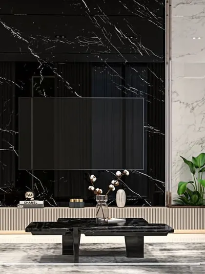 This living room features a bold black marble TV wall, creating a dramatic focal point. The archway and indoor plants soften the look, adding an element of biophilic design to the modern space.