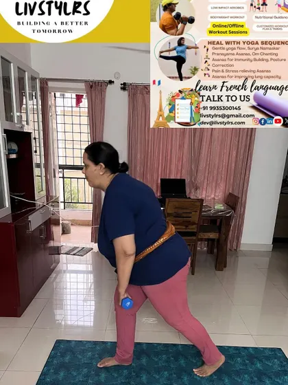 This client is performing a lunge with a dumbbell, a great compound exercise for the lower body. The overlaid flyer emphasizes our "Building a Better Tomorrow" motto.