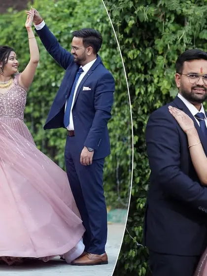 A collage of the couple dancing and posing outdoors during their engagement celebration.