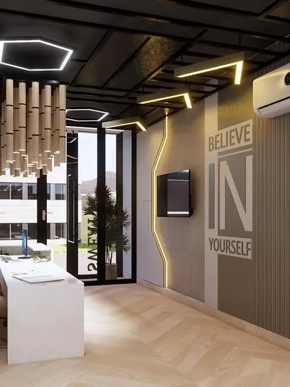 Another view of the gym reception, highlighting the motivational wall graphics and the unique "Before/After" mirrors. The design is meant to inspire clients from the moment they walk in.