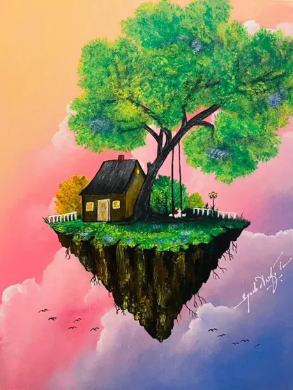 This surreal painting of a floating island with a cozy house and a swing evokes a sense of nostalgia and wonder. It was featured in our "Timeless Whispers" exhibition, celebrating simpler times and the beauty of imagination.