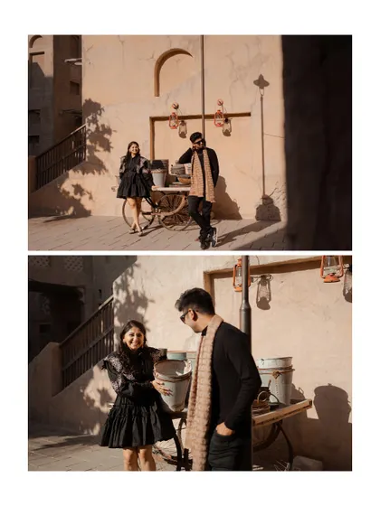 Two frames showing the couple interacting with a vintage cart. These shots blend a sense of nostalgia with the couple's modern romance, creating a unique visual story.