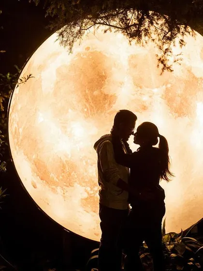 A romantic silhouette of a couple about to kiss, set against a giant illuminated moon.
