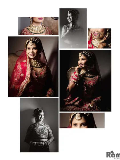 An artistic collage of the bride's portraits, mixing close-ups of her smile and jewelry with stunning black and white shots.