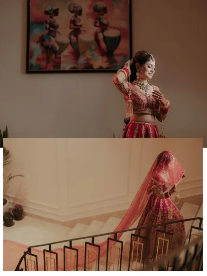 A diptych showing the bride getting ready and then making her way down the stairs, telling a small story of her journey to the ceremony.
