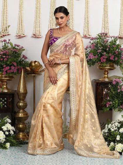 Another view of this stunning saree, perfect for a daytime wedding or festive brunch.
