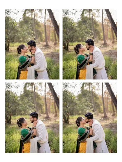 A sequence of four photos showing the couple's progression from a loving gaze to a sweet kiss during their outdoor portrait session.