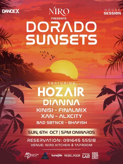 This poster for 'Dorado Sunsets' shows me as part of a house session lineup. It demonstrates my versatility to play different sub-genres of electronic music, from techno to pure house.