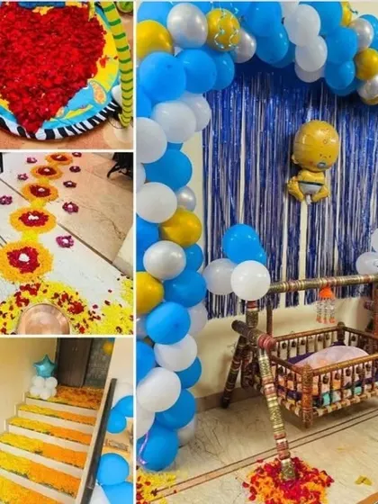 A collage of a traditional baby welcome or naming ceremony (Naamkaran). The decor includes a decorated cradle (palna), flower rangoli, and blue and white balloon arrangements.