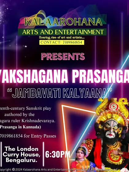 This poster showcases one of our public Yakshagana Prasanga productions, 'Jambavati Kalyaana'. We regularly stage full-length traditional plays, helping to preserve and promote these important cultural narratives.
