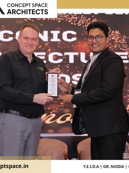 Our Principal Architect, Saleem Khan, accepting the 'Excellence in Bespoke Interior Solutions' award. This recognition from Global Business Reconnect is a testament to our team's commitment to quality, creativity, and client satisfaction.