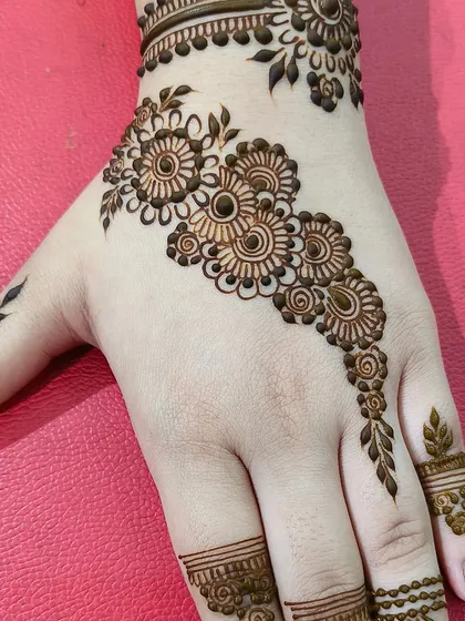 This view shows how the design flows from the wrist to the fingers. Even a simple design can look incredibly elegant when the placement and composition are right, which is a key focus in my classes.