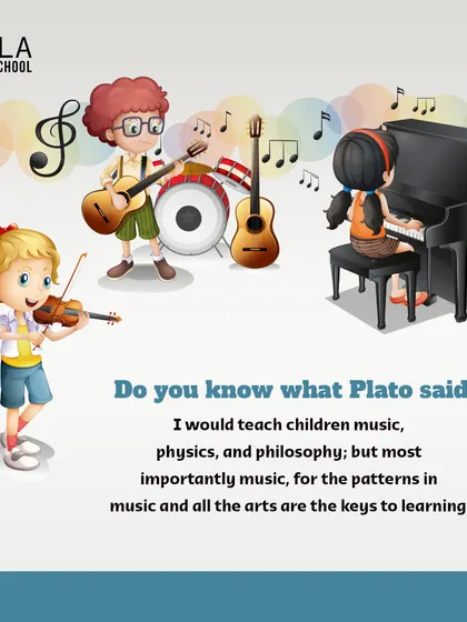 An illustration of children playing violin, guitar, and piano. As Plato said, the patterns in music are the keys to all learning, and I bring this philosophy to my teaching.