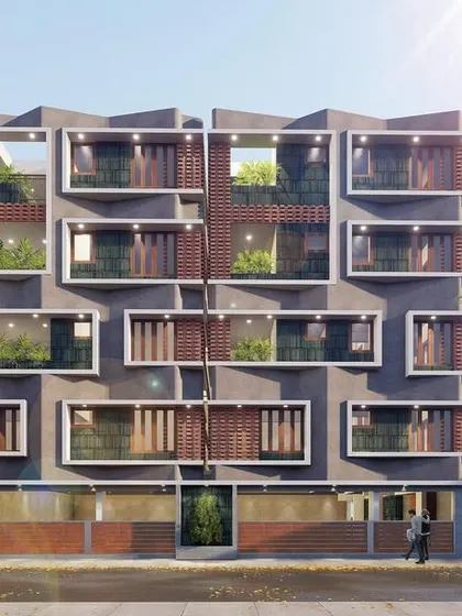 The front elevation of 'The Concrete Veil' residential complex. This render shows the complete facade, emphasizing the rhythmic pattern of the windows and balconies that give the building its unique character.