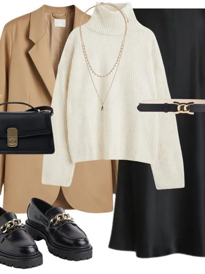 For a more elevated winter look, I've paired a turtleneck sweater with a sleek satin skirt and a camel blazer. The chunky loafers and gold watch add a modern, polished finish.