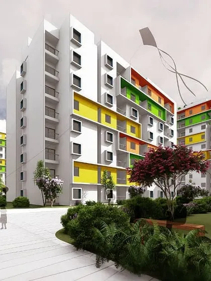 A view from within the courtyard of the 'Play of Colors' concept, showing how the colorful balconies create a lively internal environment for residents.