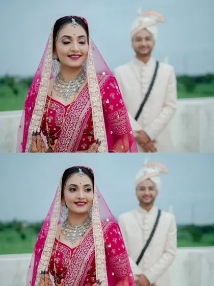 A diptych of the bride's portraits, with the groom in the background, capturing her beautiful smile and elegant wedding attire.