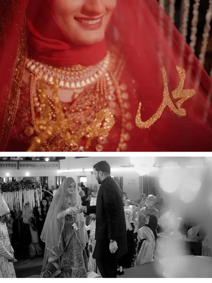 A beautiful moment from a Muslim wedding ceremony, juxtaposing a close-up of the bride's veil with a wider, candid shot of the couple's interaction.