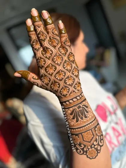 A creative backhand design with a full lotus-themed pattern. The repetition creates a beautiful texture, and the cuff at the wrist completes the look.
