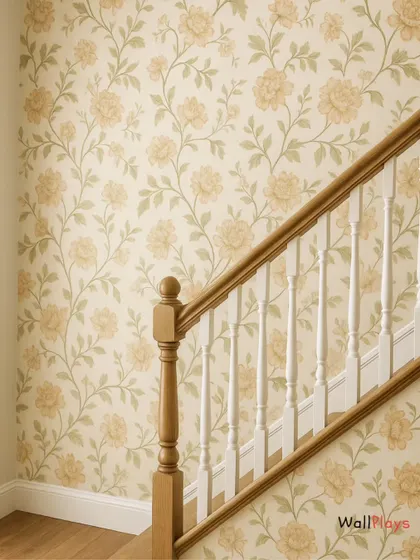 Staircase walls are a perfect opportunity for a beautiful wallpaper. I installed this classic floral vine pattern to add elegance and visual interest to this stairway, making the journey between floors more pleasant.