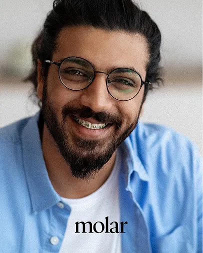 another branding image for 'molar'. i work on creating a full visual suite for products, ensuring that even the photography style aligns with the overall design language and target audience.