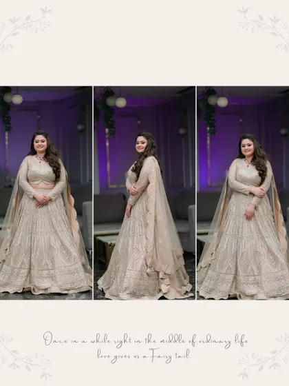 A triptych of the bride in her stunning lehenga. These full-length portraits showcase the gown from multiple angles, emphasizing its elegance and intricate detail.