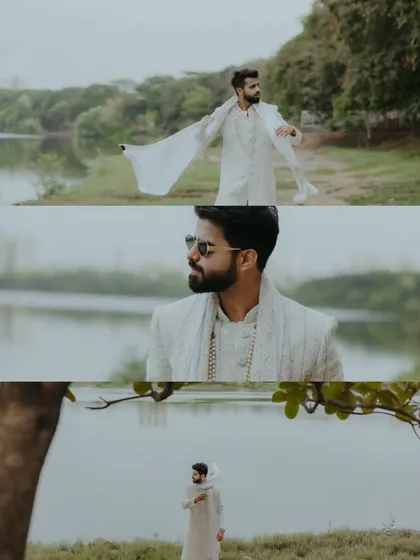 A collage of the groom's solo portraits from a pre-wedding shoot, capturing his style and personality against a natural, lakeside setting.