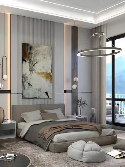 A bright and airy master bedroom with a large window offering a beautiful view. The design uses a neutral color palette, modern furniture, and vertical paneling to create a sophisticated and relaxing retreat.