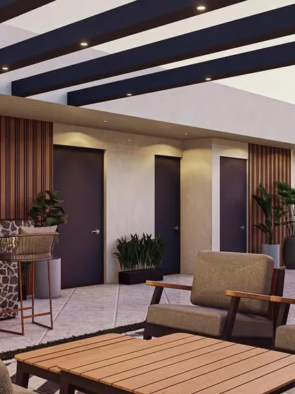 This 3D render shows a complete concept for a large terrace garden. It includes a covered bar, multiple seating areas, and extensive planters, demonstrating how I can turn a bare roof into a full-service entertainment space.
