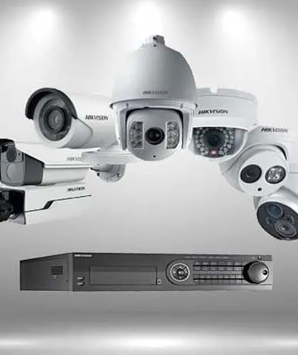 A product family shot of various Hikvision cameras and a Network Video Recorder (NVR). We offer a wide range of security products to build a customized solution for you.