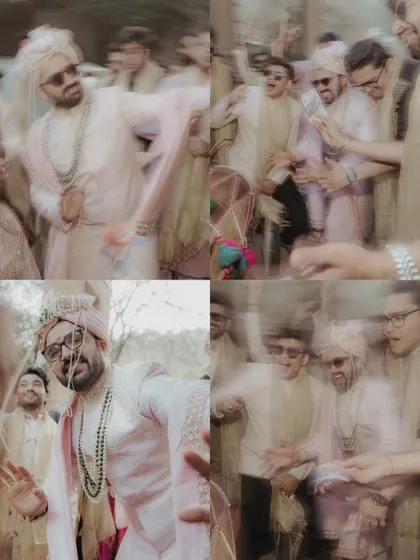 An artistic take on the baraat, using motion blur to convey the high energy and fast-paced excitement of the groom's dance-filled procession.